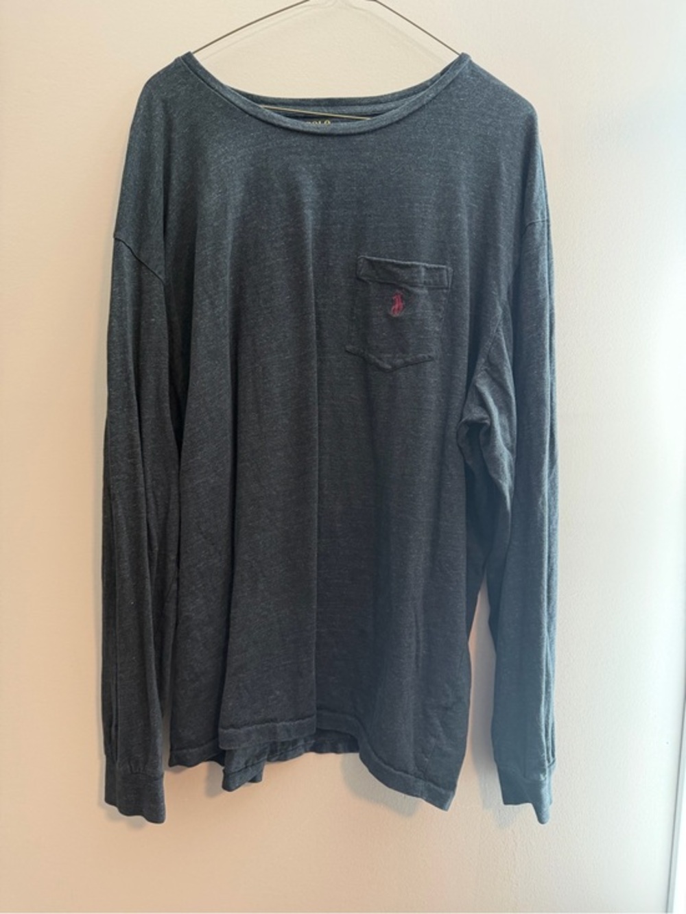 Ralph Lauren Long Sleeve Pocket Tee in Charcoal with Pink Pony